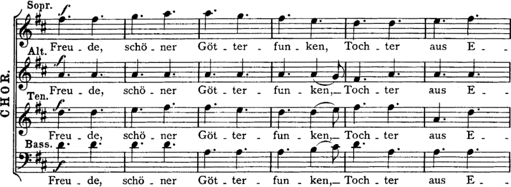 Sheet music for a passage from the Ode To Joy from Beethoven's 9th symphony