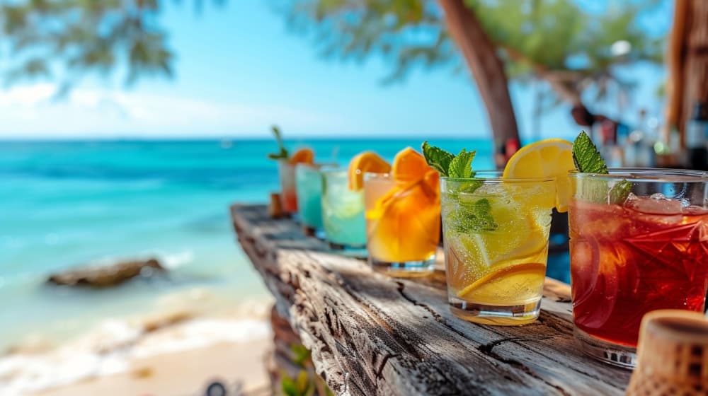 Some tropical-looking cocktails arranged along a beach bar