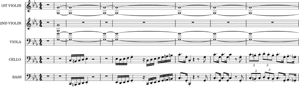 Sheet music for the opening bars of Mahler's 2nd symphony