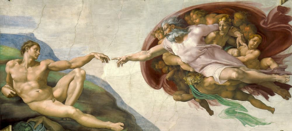 Michelangelo's 'Creation of Adam' from the ceiling of the Sistine Chapel, depicting God reaching out to Adam