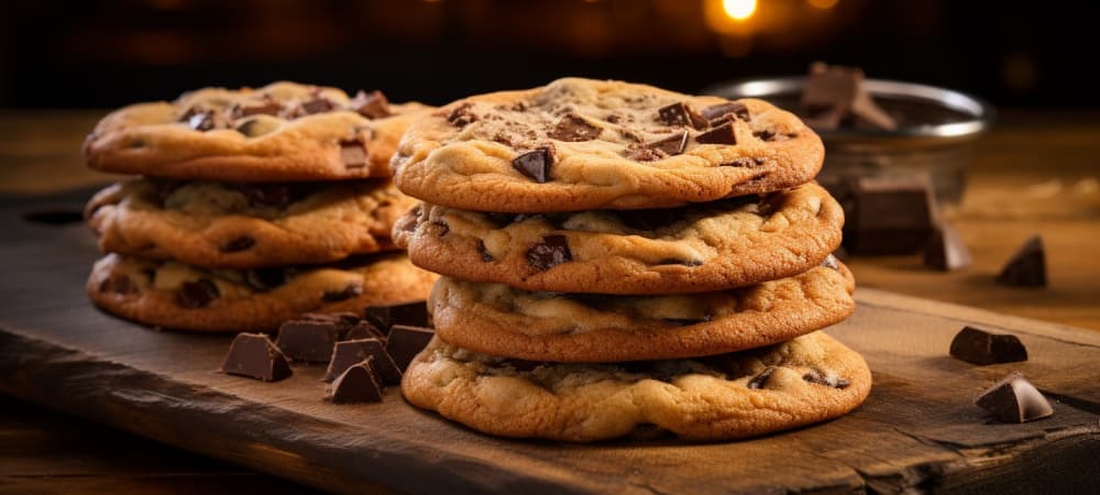 Two piles of chocolate chip cookies sitting on a wooden board