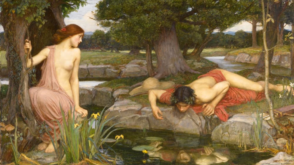 John William Waterhouse's painting of Echo and Narcissus, showing Narcissus gazing into a pond, in love with his own reflection