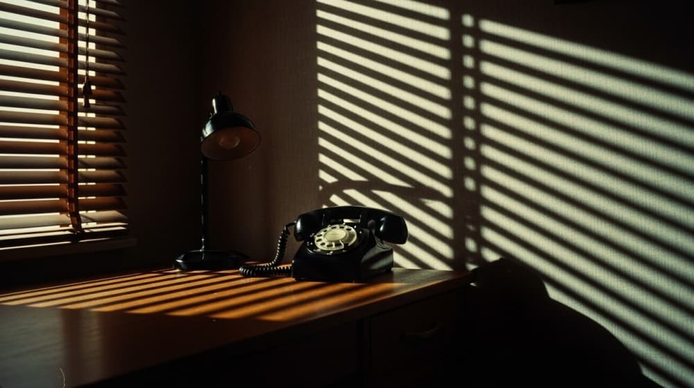 A film noir-style image of a telephone sitting on a desk, with light streaming in through the Venetian blinds hanging in a nearby window