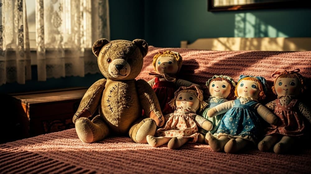 A teddy bear and some dolls sitting on a bed